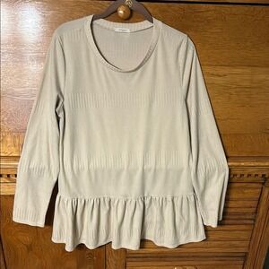 12PM by Mon Ami Beige Ribbed Peplum Top Long Sleeve Elbow Patches